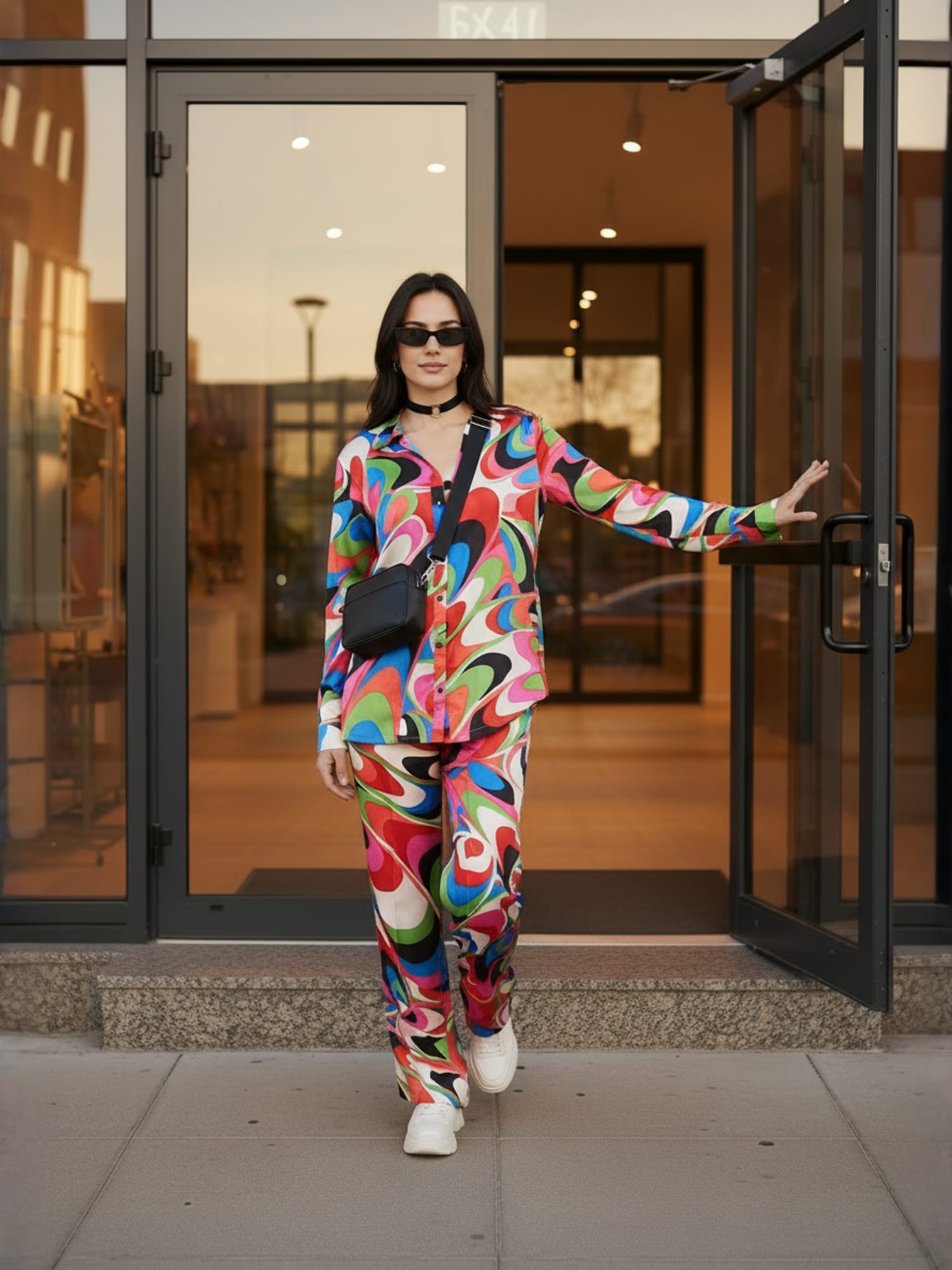 Multi Abstract Satin Shirt With Darted Pants