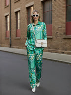 Blue Abstract Satin Shirt With Darted Pants