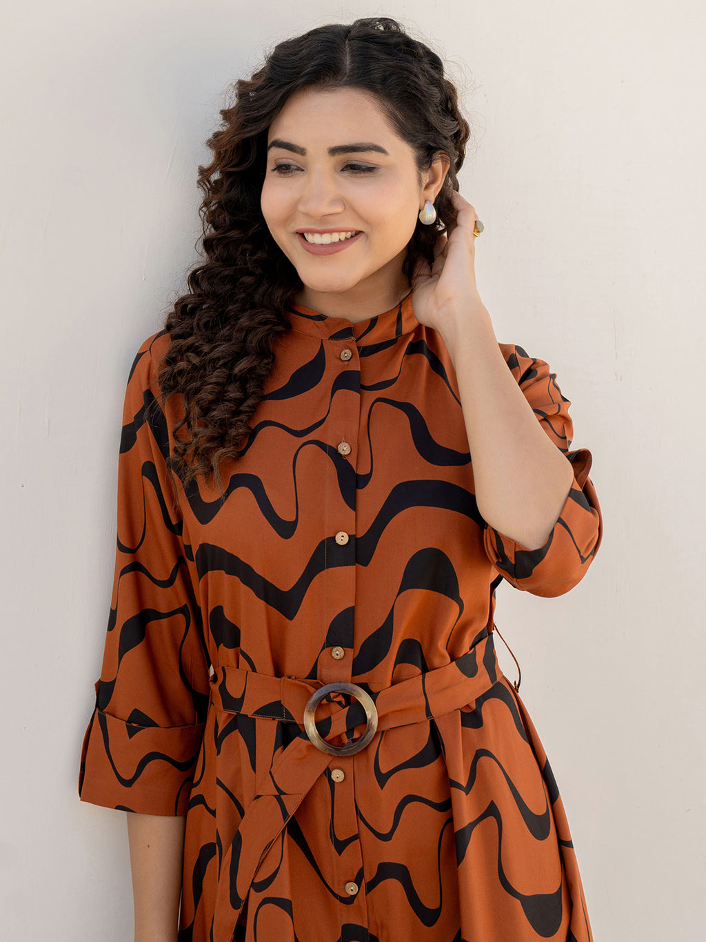 Rayon Brown Printed Fit And Flare Maxi Dress