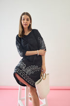 Cotton Black Embroidered  Puff Sleeve Midi Dress