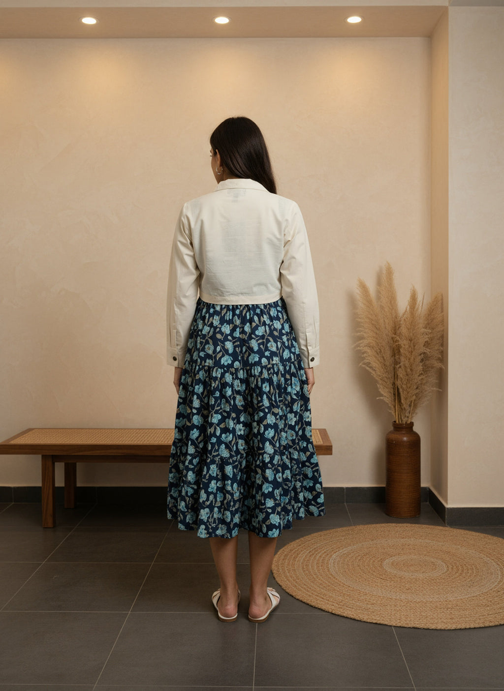 Cotton Navy Blue Printed Fit And Flare Midi Dress with Embroidered Jacket