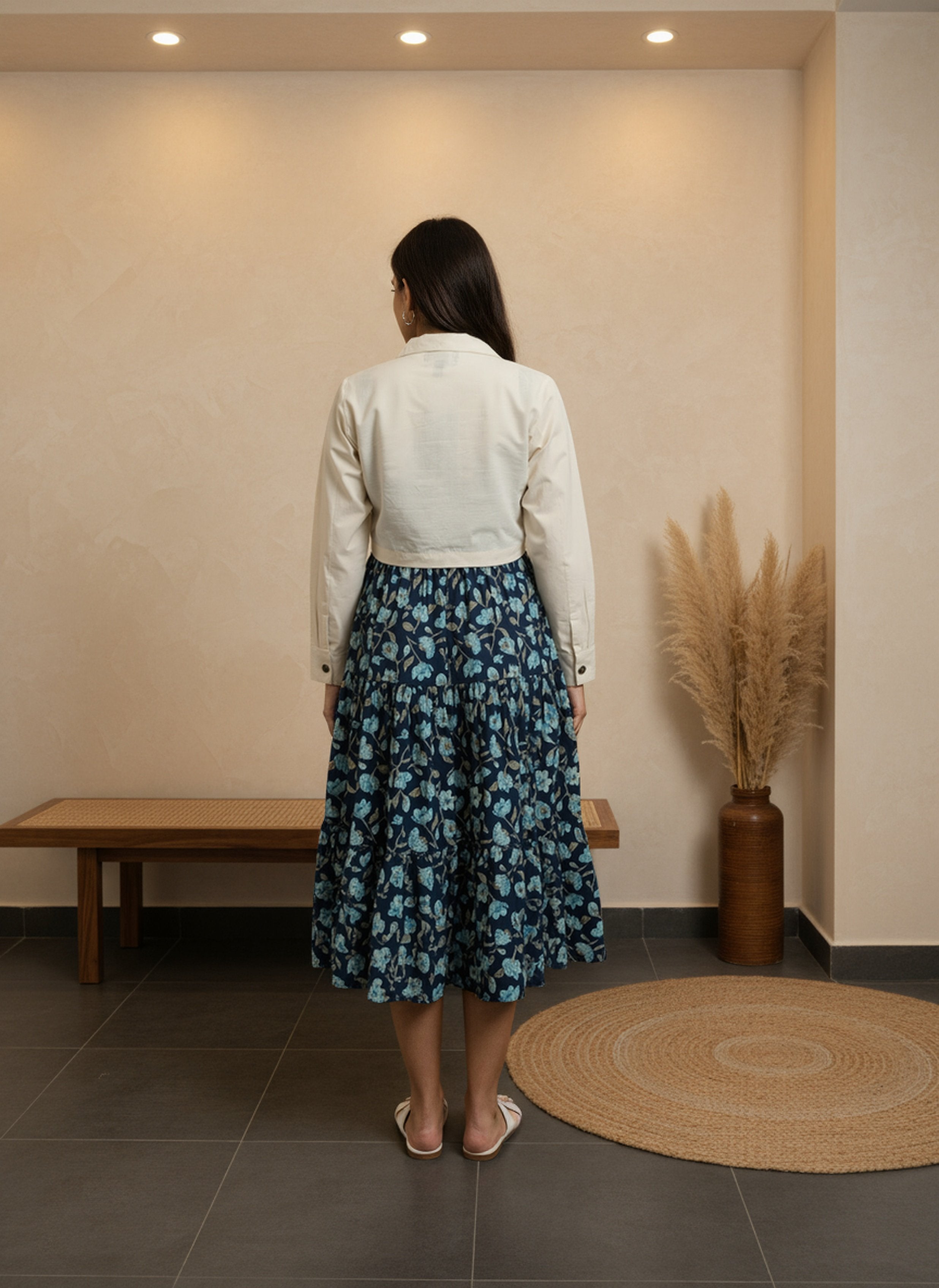 Cotton Navy Blue Printed Fit And Flare Midi Dress with Embroidered Jacket