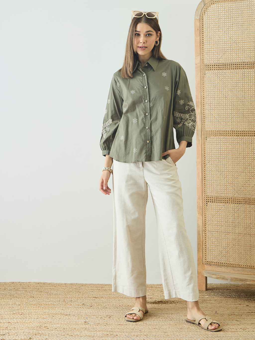 Cotton Olive Floral Embroidered Shirt