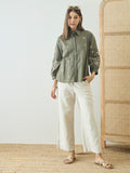 Cotton Olive Floral Embroidered Shirt