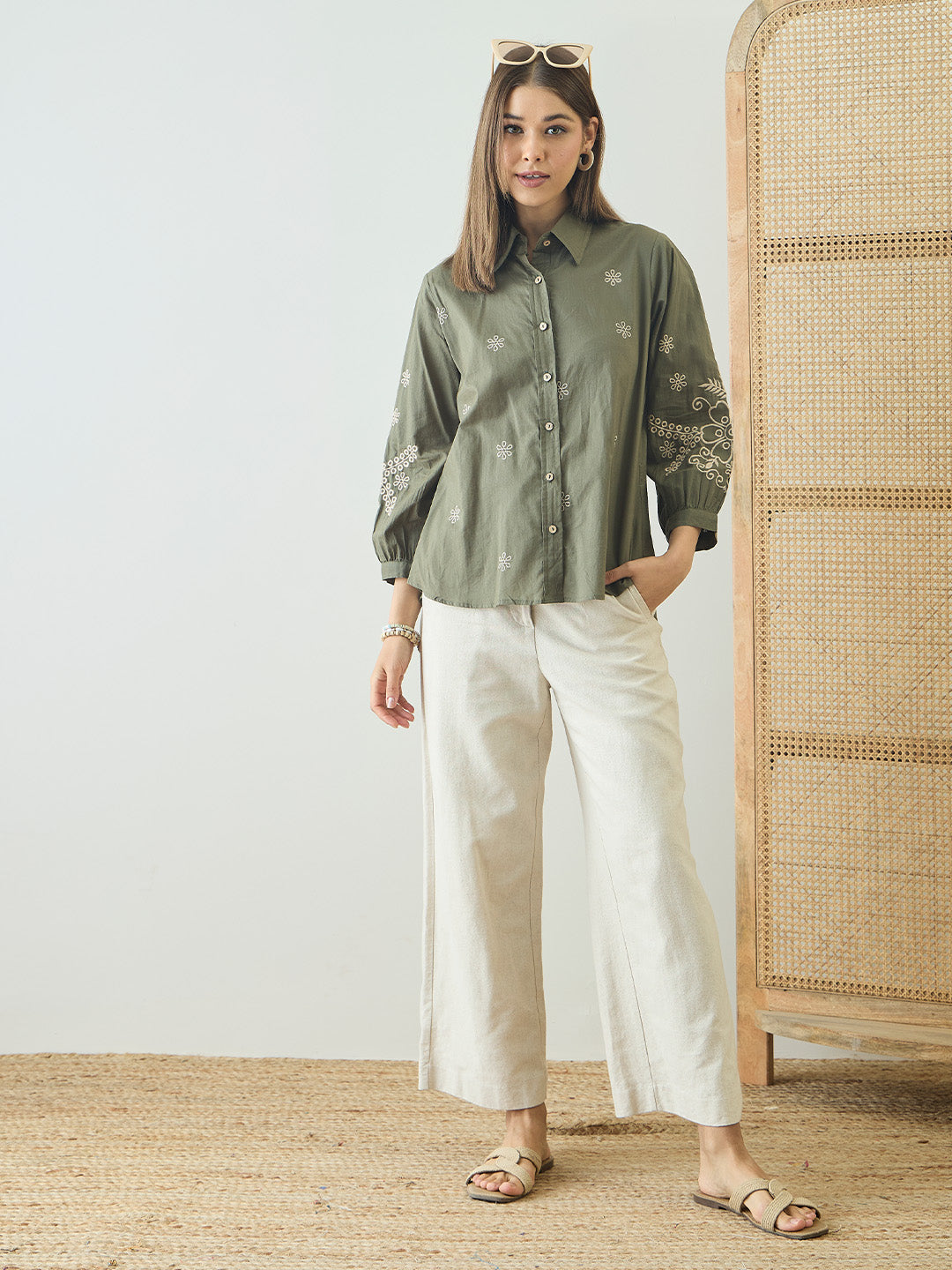 Cotton Olive Floral Embroidered Shirt