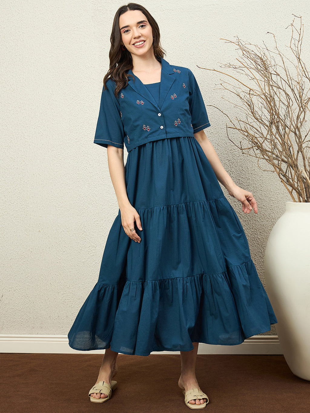 Zummer Cotton Flare Maxi Dress with Jacket – Teal, Off White & Maroon