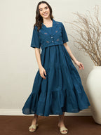 Zummer Cotton Flare Maxi Dress with Jacket – Teal, Off White & Maroon