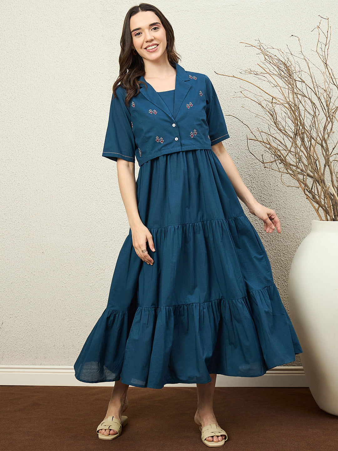 Zummer Cotton Flare Maxi Dress with Jacket – Teal, Off White & Maroon