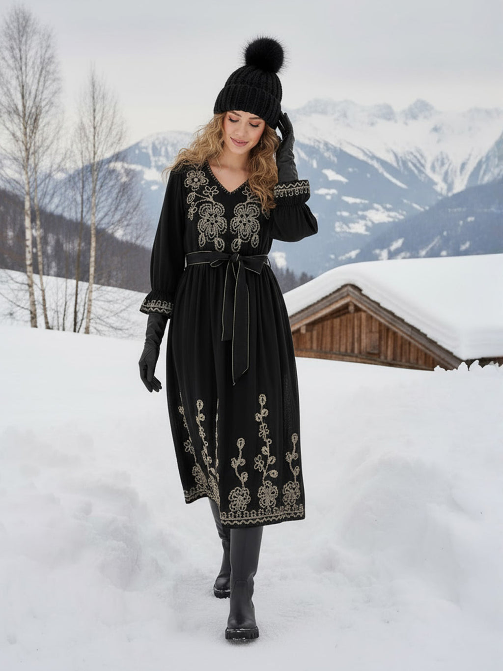 Black Cotton Embroidered Fit and Flare Midi Dress with Bell Sleeves