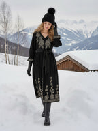 Black Cotton Embroidered Fit and Flare Midi Dress with Bell Sleeves