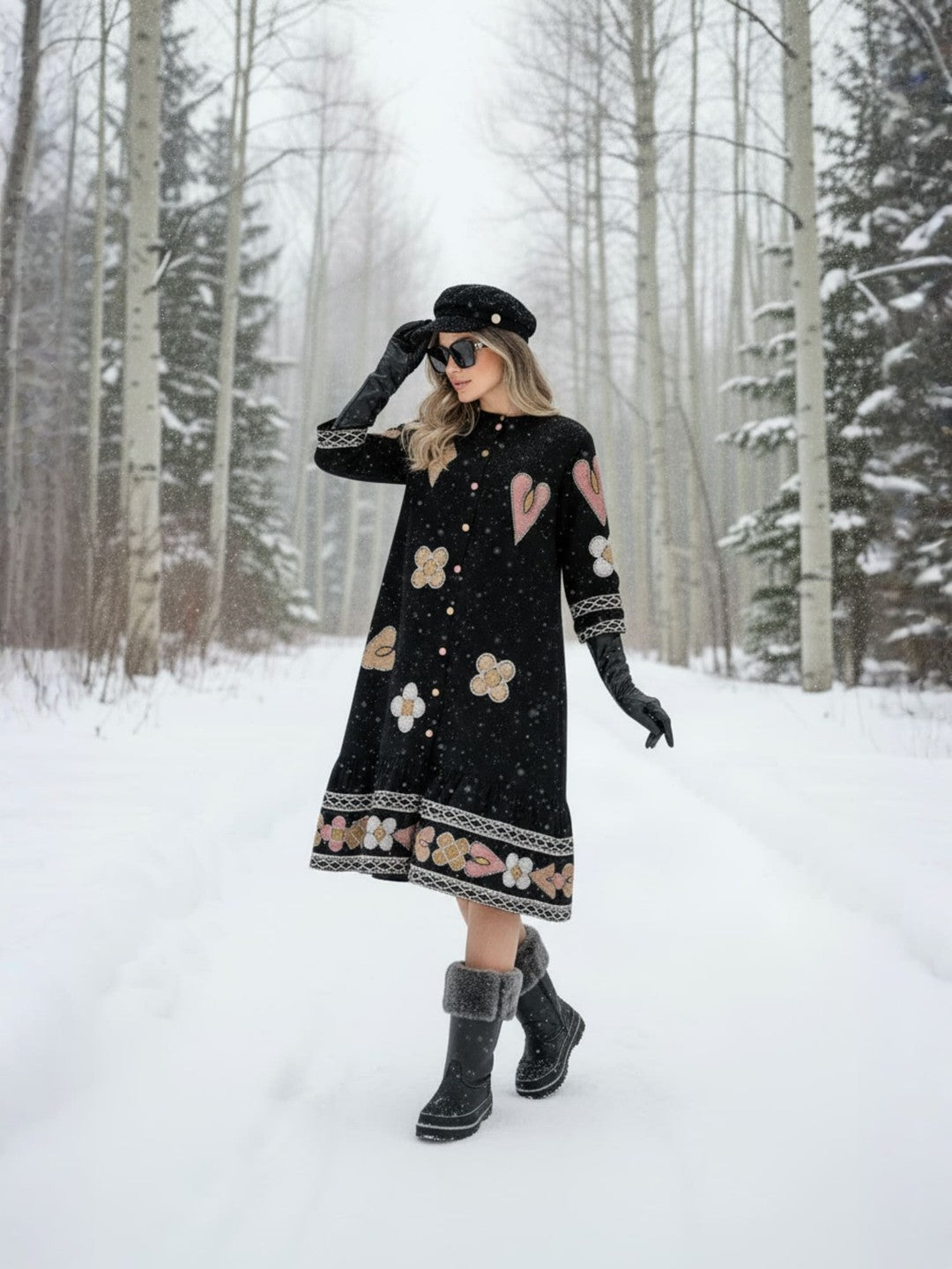 Zummer Cotton Black Geometric Embroidered Midi Dress