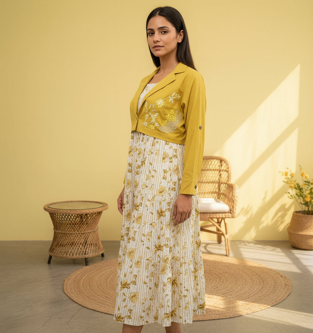 Cotton Yellow Printed Fit And Flare Midi Dress with Embroidered Jacket