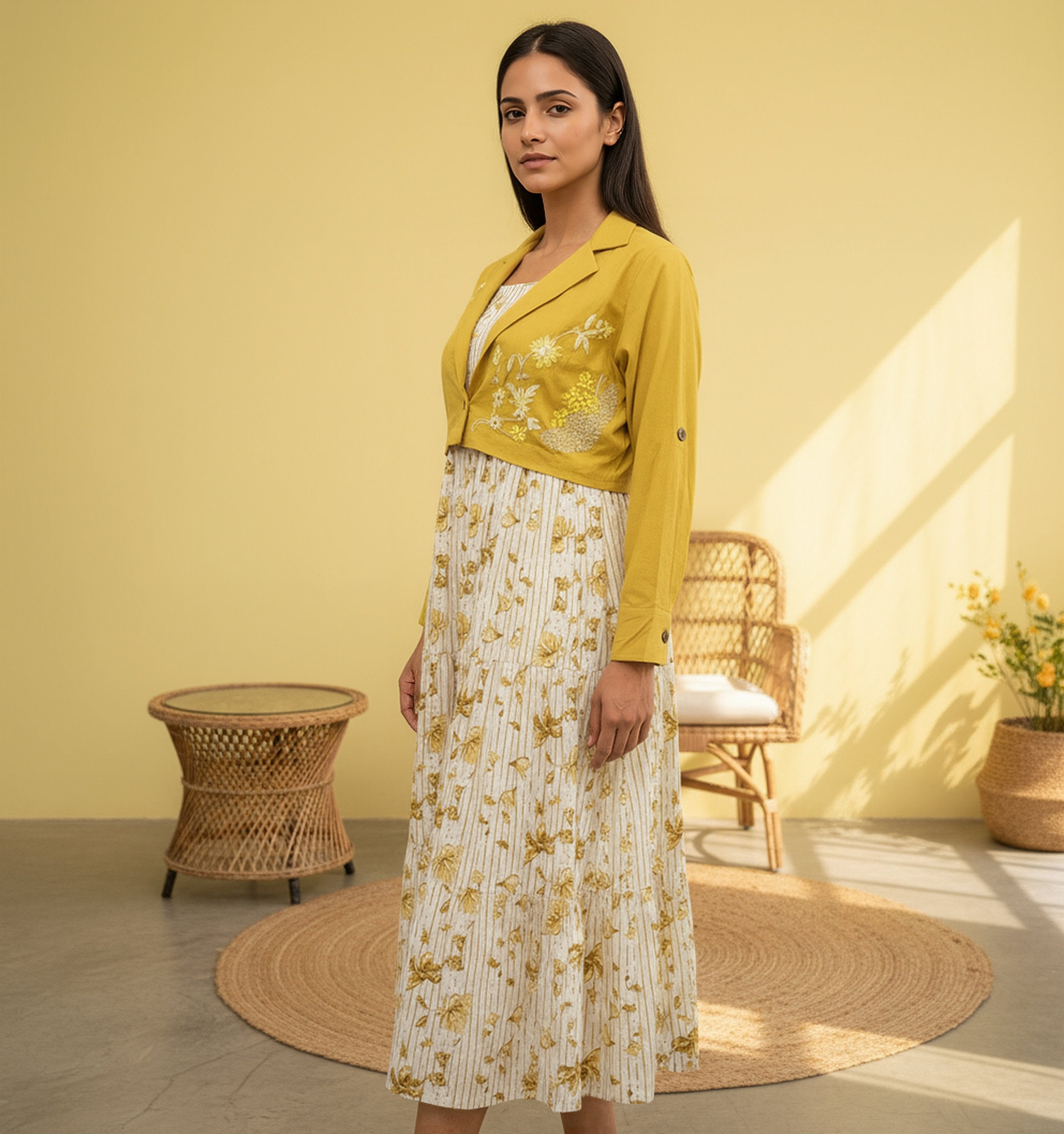 Cotton Yellow Printed Fit And Flare Midi Dress with Embroidered Jacket