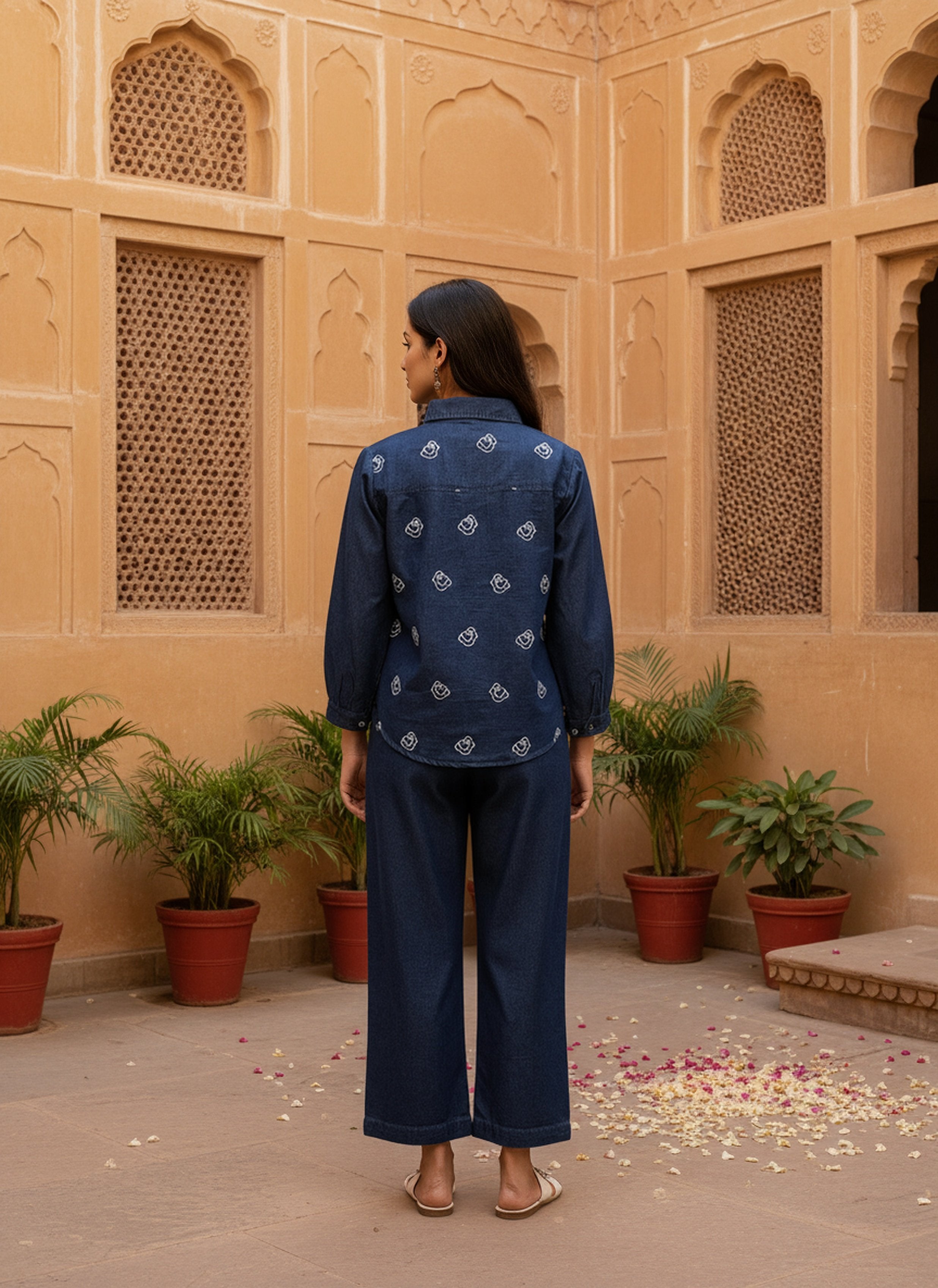 Denim Embroidered Shirt With TrouserCo-Ords Set