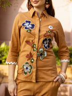 Zummer Embroidered Cotton Co-Ord Set with Shirt & Trousers – Brown, Camel & Navy Blue