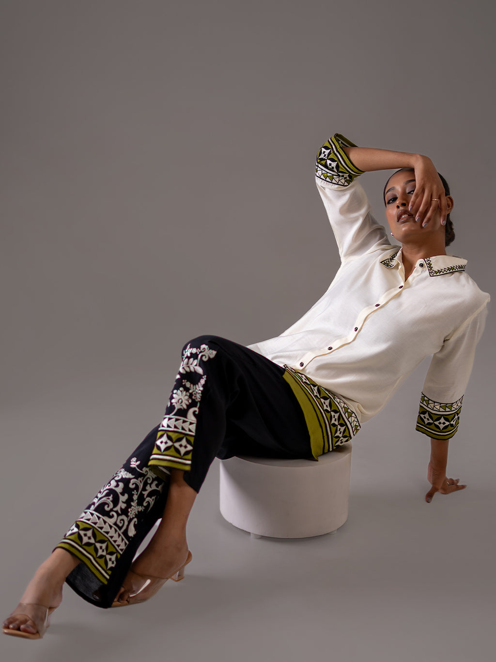 Cotton Off White And Black Embroidered Shirt With Trouser Co-Ords Set