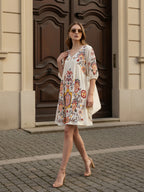 Off White Cotton Embroidered Empire Short Dress with Puff Sleeves