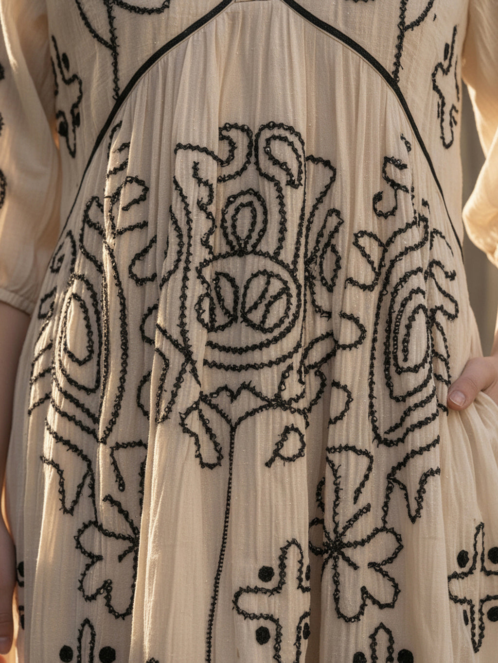 Zummer Off-White Embroidered Puff Sleeve Cotton Short Dress