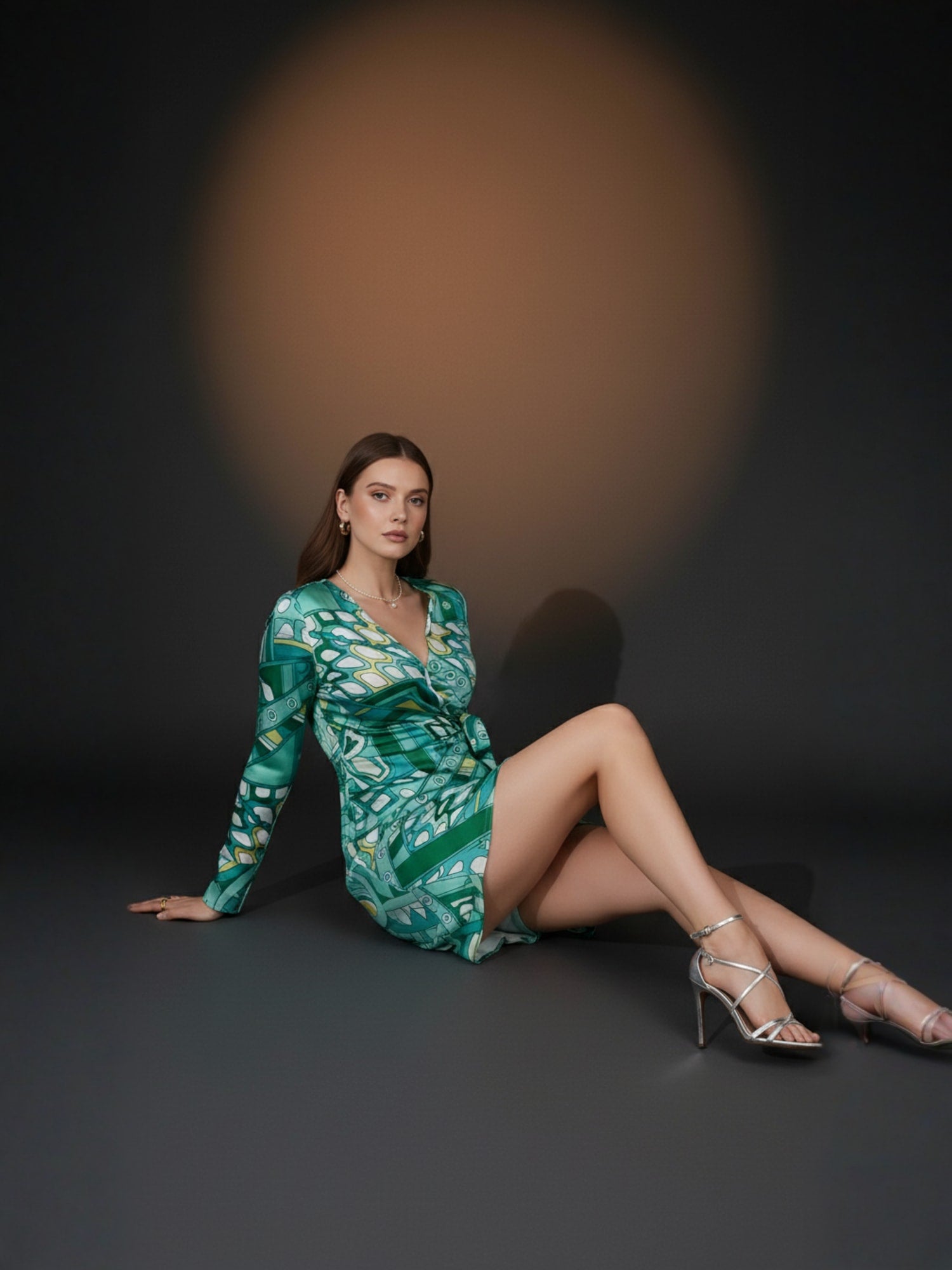 Blue Abstract Satin Wrap Tie Short Dress