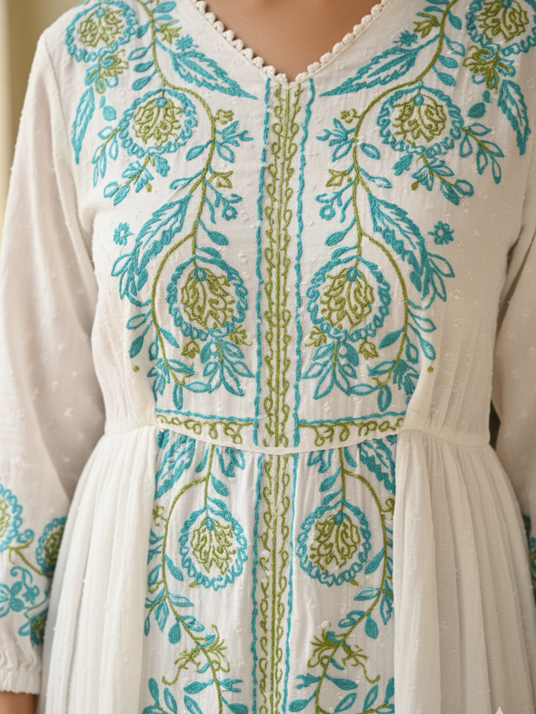 Cotton White Embroidered Fit and Flare Maxi Dress