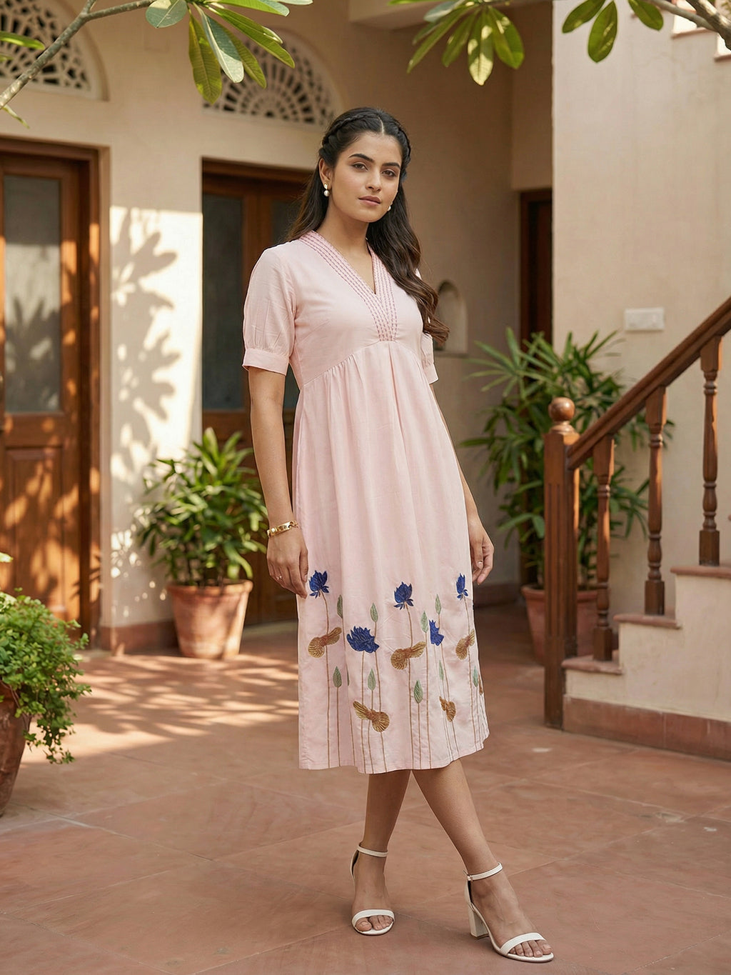 Zummer Women Pink Floral Cotton Empire Midi Dres