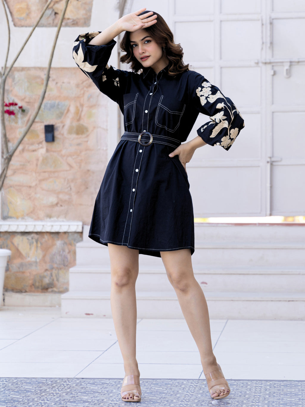 Cotton Floral Colourblocked Shirt Dress