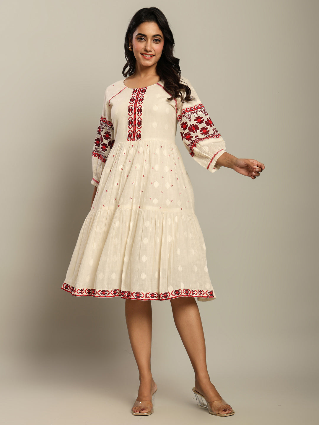 Cotton Off White Tribal Embroidered Midi Dress