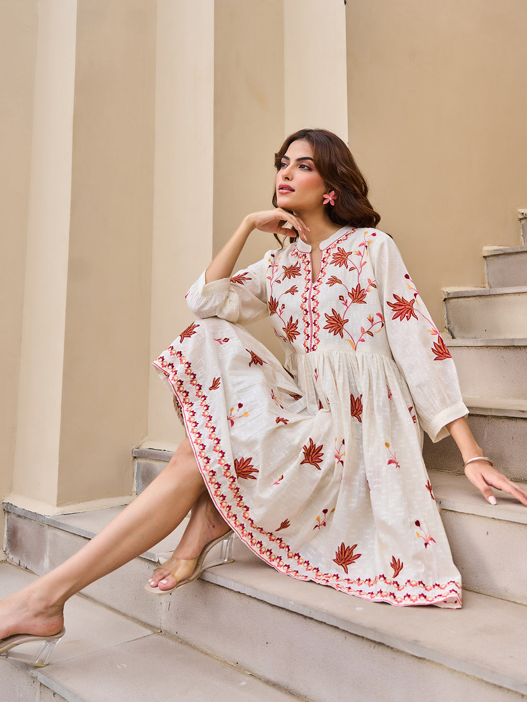 Off white Embroidered Fit And Flare Short Dress