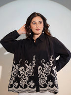 Black Floral Embroidered Boxy Shirt