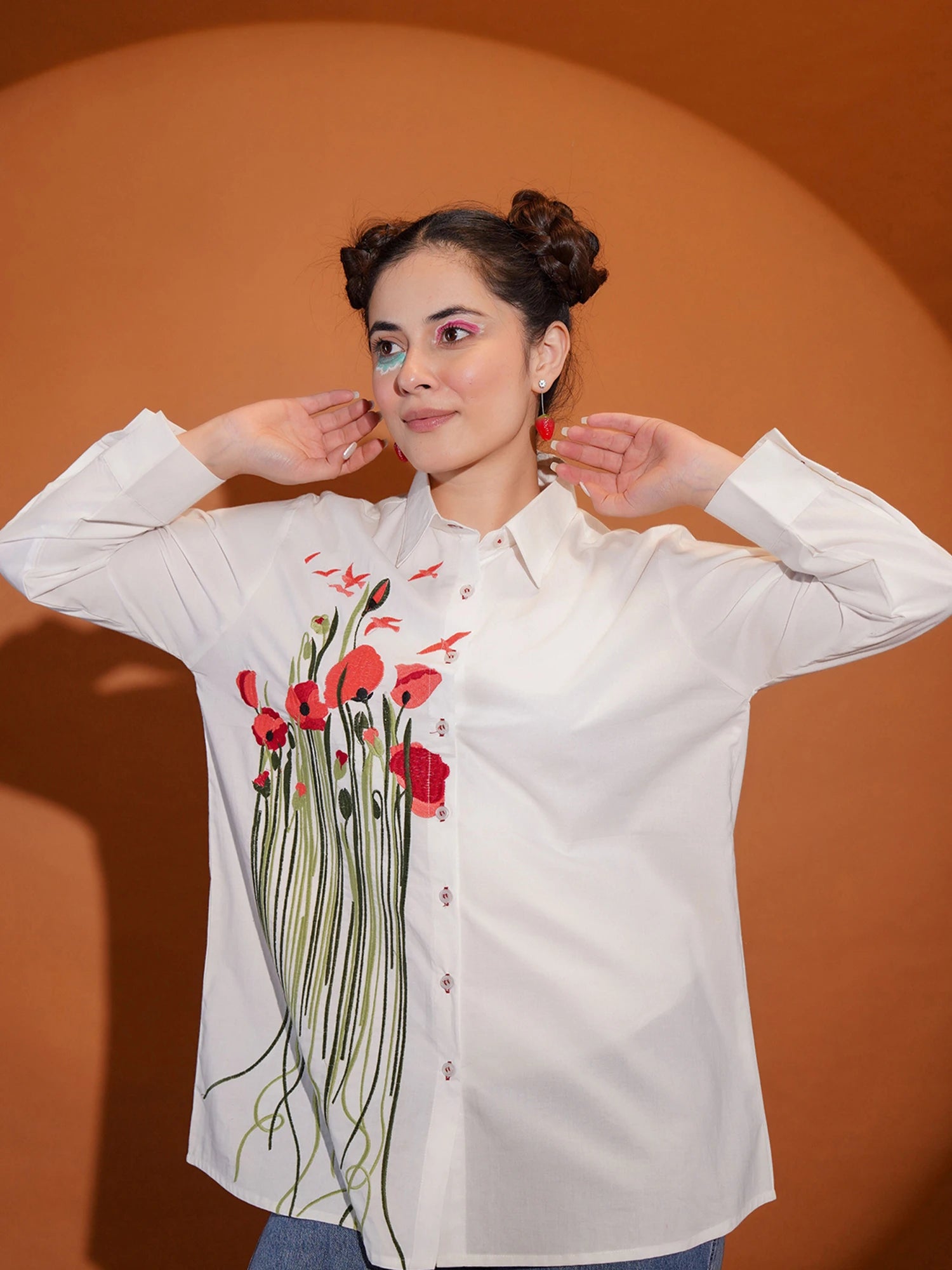 White Floral Embroidered Relaxed Fit Shirt
