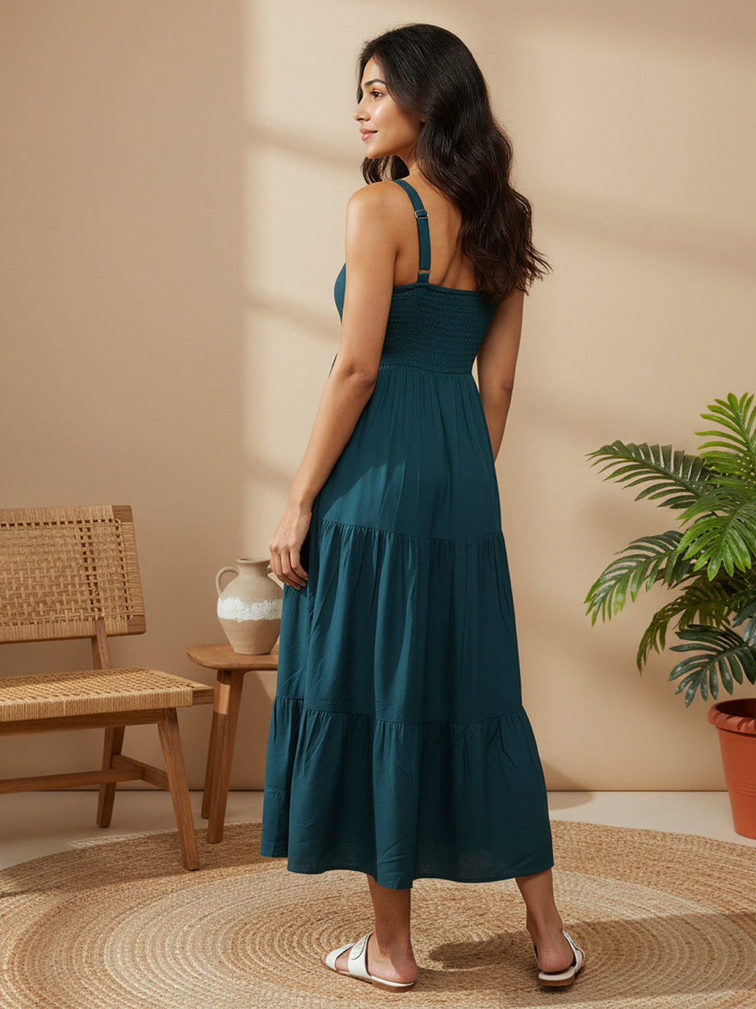 Cotton Fit And Flare Midi Dress with ikat Printed Jacket