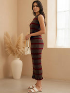 Seamless cotton knitted striped Crop Top With Skirt Co-Ords Set