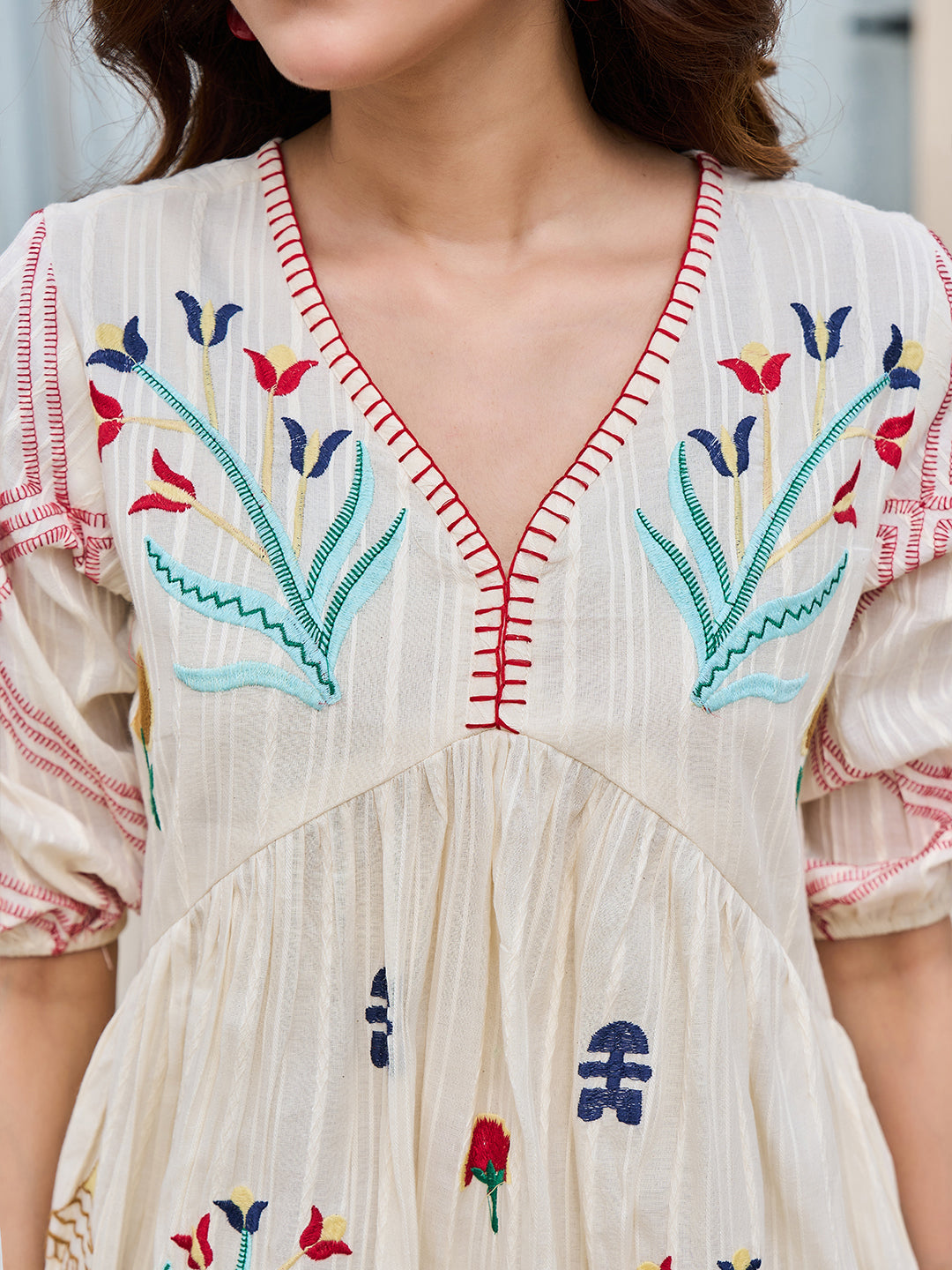 Cotton Embroidered  Puff Sleeve Short Dress