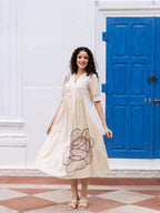 Zummer Embroidered Cotton Midi Dress with Puff Sleeves – Off White, White & Brown