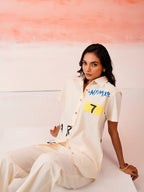 Zummer Hand-Painted Cotton Co-Ord Set with Shirt & Trousers – Off White, Cream & Multi