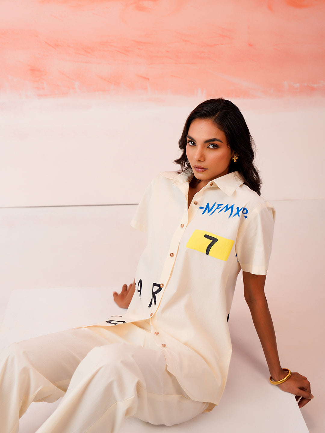 Zummer Hand-Painted Cotton Co-Ord Set with Shirt & Trousers – Off White, Cream & Multi