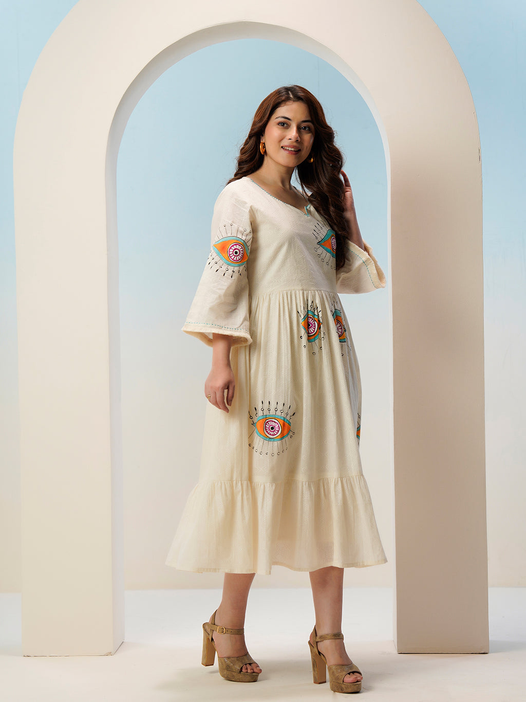 Zummer Hand-Painted Cotton Midi Dress with Ruffles & Bell Sleeves