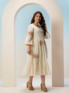 Zummer Hand-Painted Cotton Midi Dress with Ruffles & Bell Sleeves