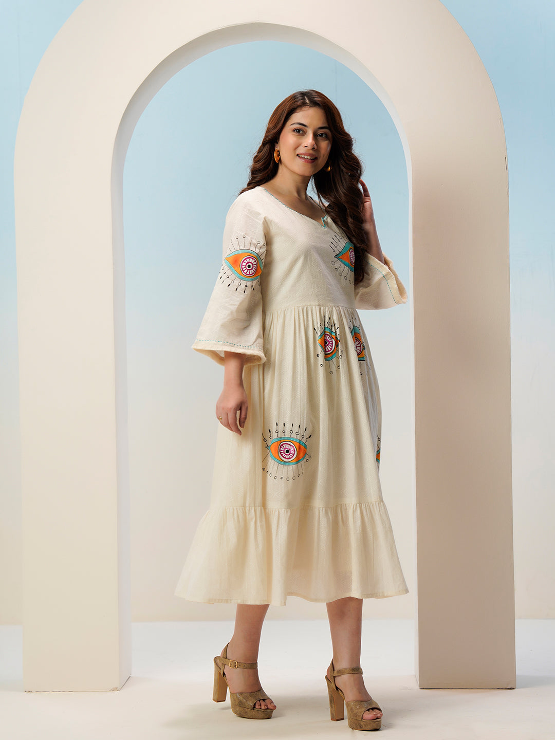 Zummer Hand-Painted Cotton Midi Dress with Ruffles & Bell Sleeves