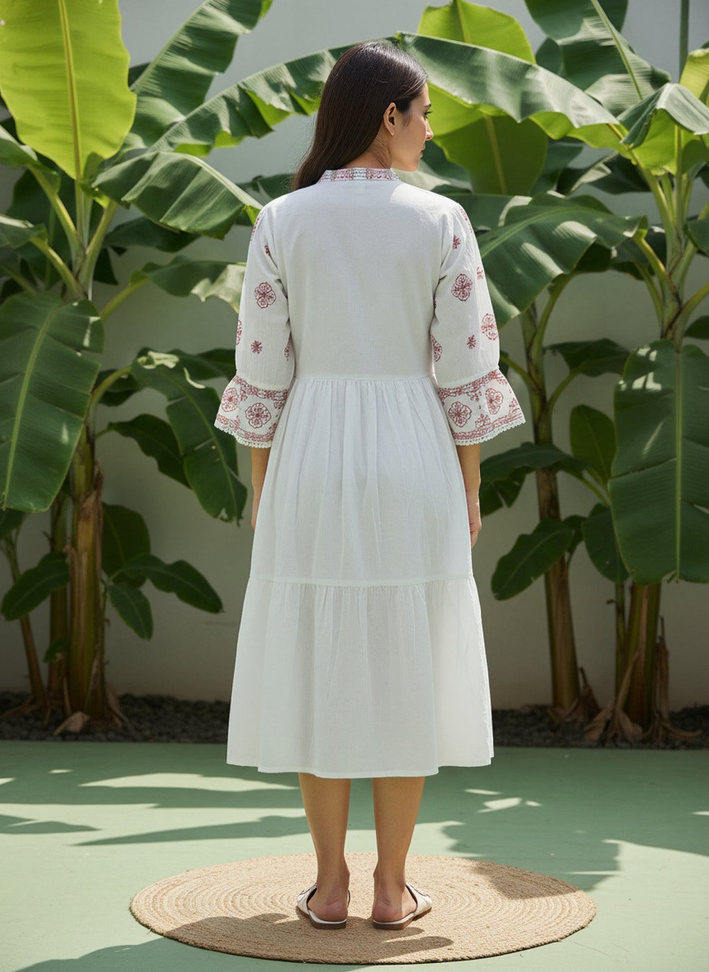 Cotton Floral Embroidered  Puff Sleeve Dress