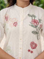 Cotton Off White Embroidered Tunic With Trouser Co-Ords Set