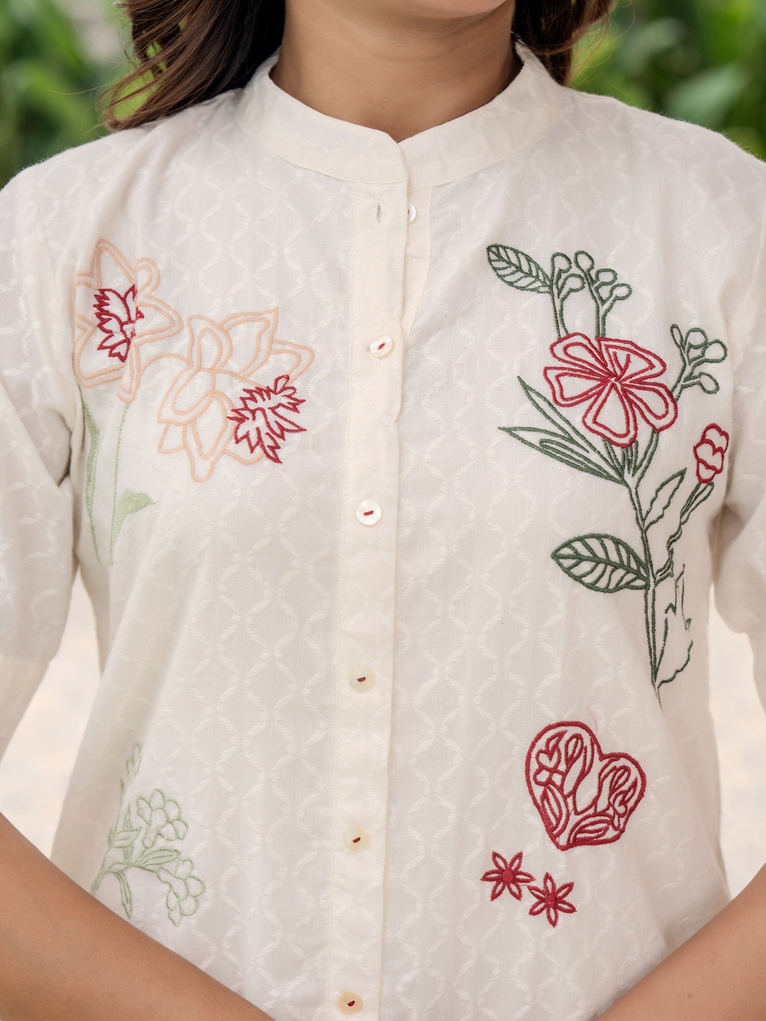 Cotton Off White Embroidered Tunic With Trouser Co-Ords Set