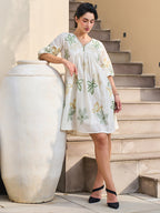 Cotton Floral Embroidered  Puff Sleeve Short Dress