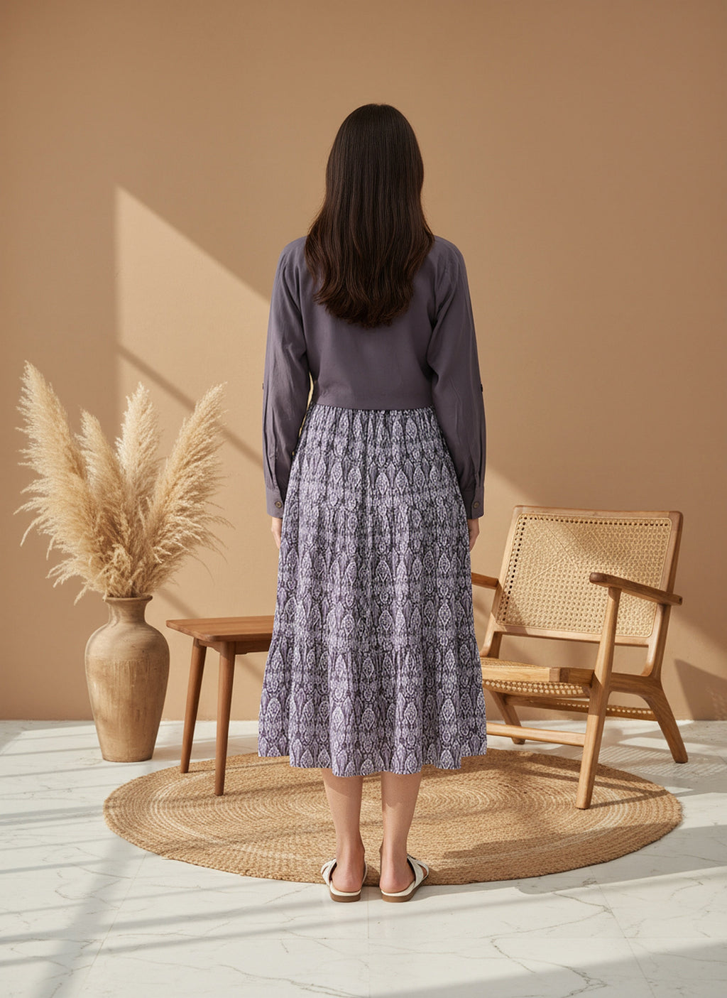 Cotton Lavender Printed Fit And Flare Midi Dress with Embroidered Jacket