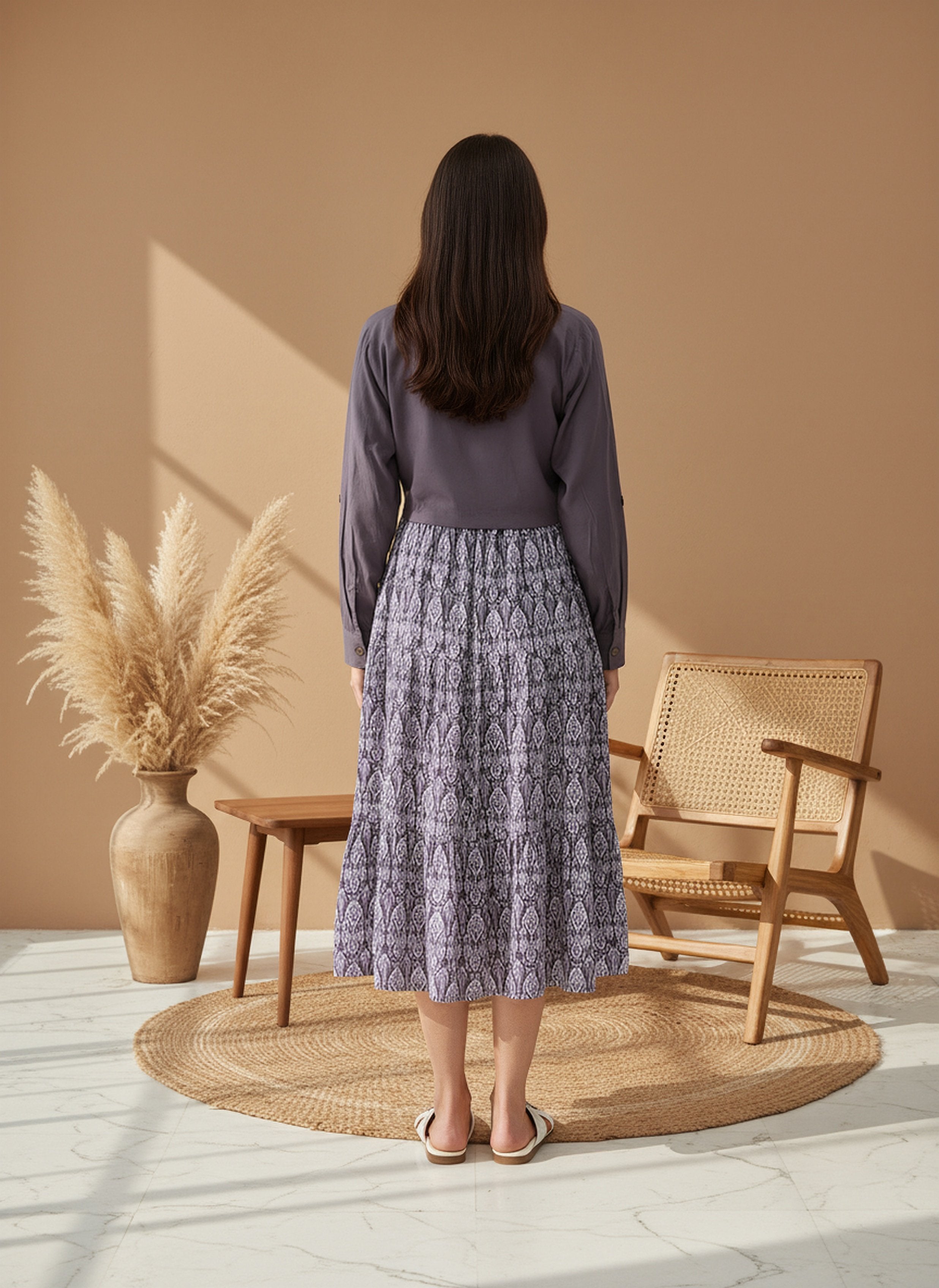 Cotton Lavender Printed Fit And Flare Midi Dress with Embroidered Jacket