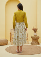 Cotton Yellow Printed Fit And Flare Midi Dress with Embroidered Jacket