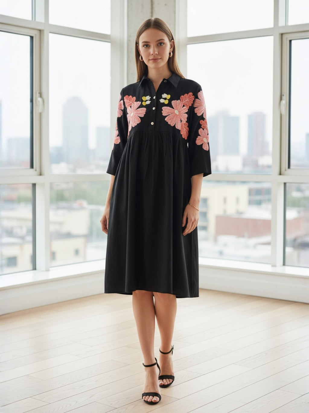 Zummer Rayon Black floral embroidered Shirt Collar Midi dress