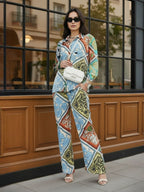 Multi Floral Satin Shirt With Darted Pants