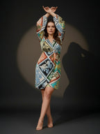 Satin Multi Floral Wrap Short Dress