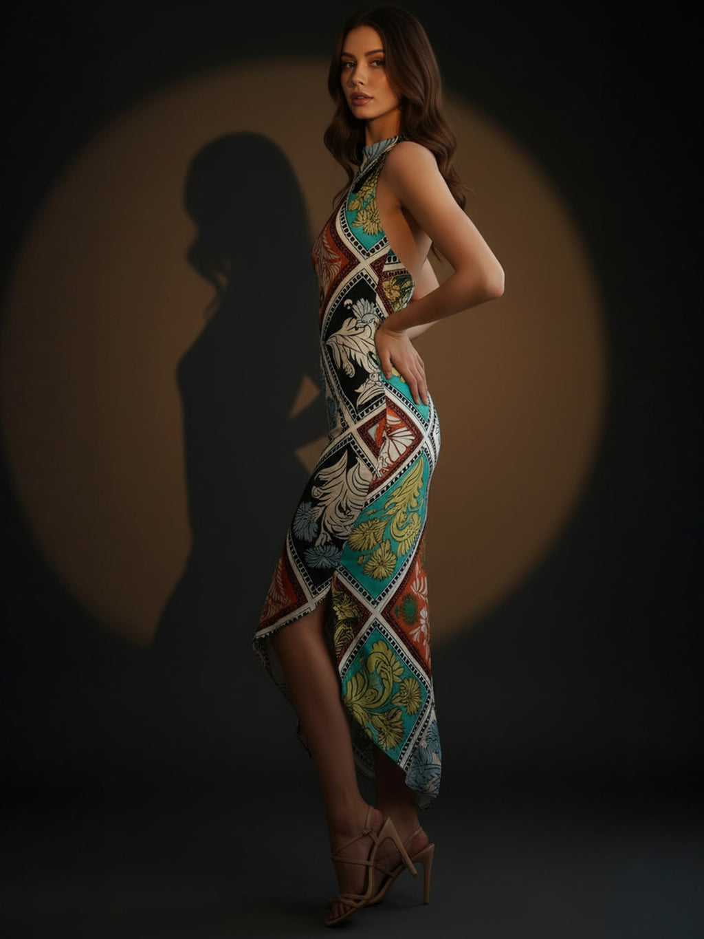 Multi Floral Satin Halter Neck Midi Dress